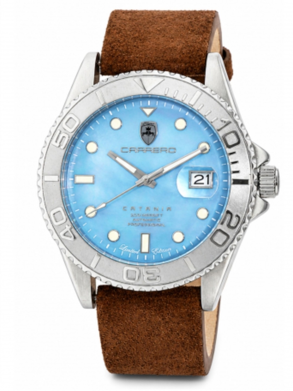 Torino Carrero Automatic Blue Dial Stainless Watch with Brown Suede Strap